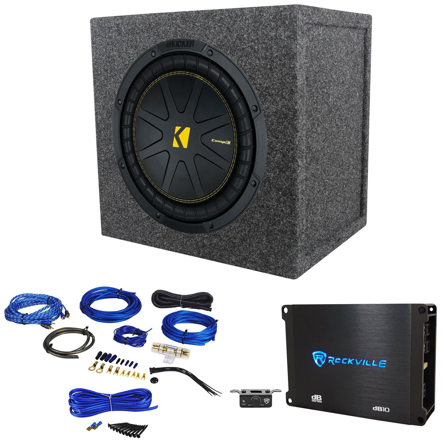 Kicker 50CWCS104 CompC 10" SVC Subwoofer+Sealed Box+Mono Amplifier+Wires CWCS104