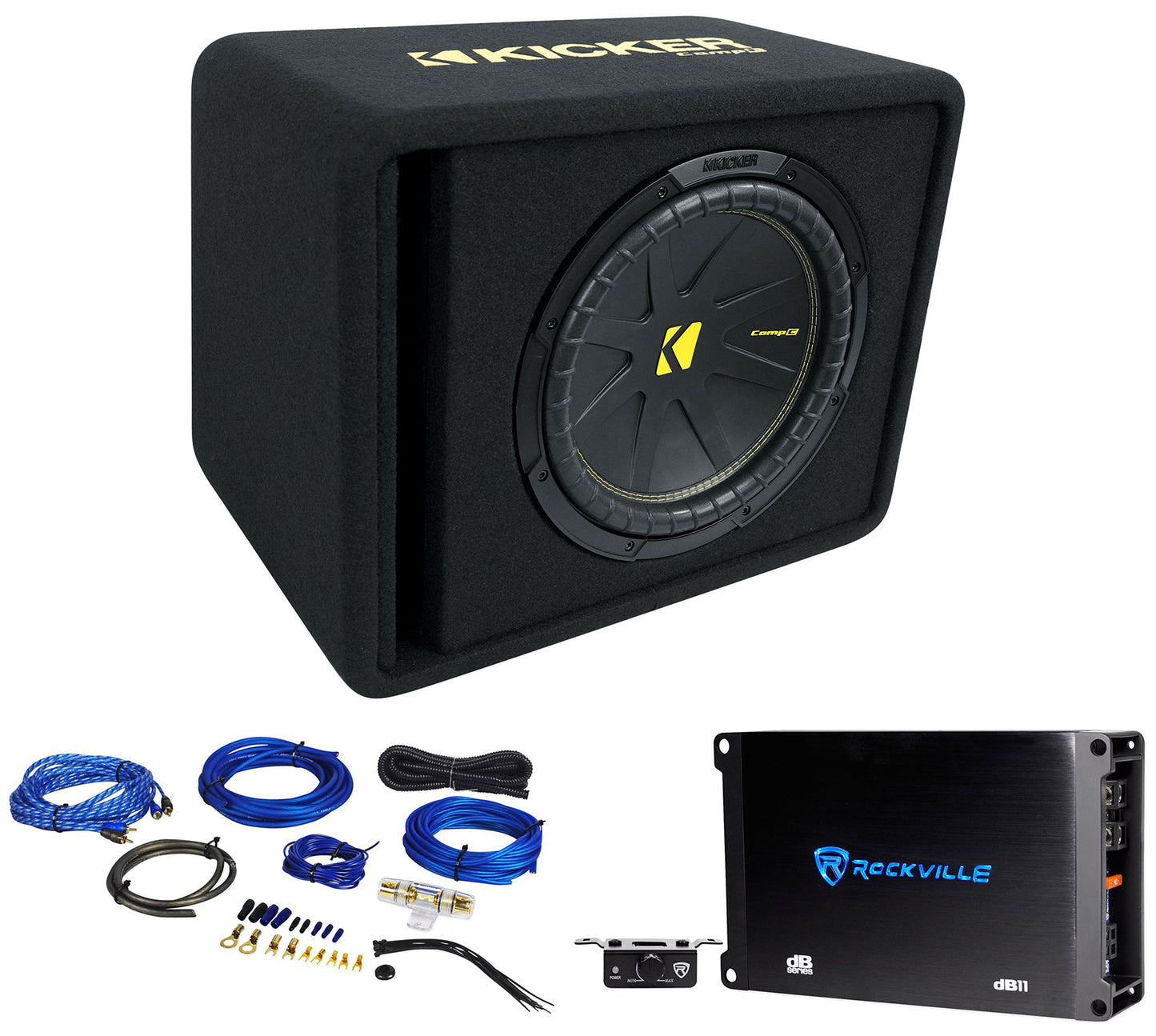 Kicker 50VCWC122 CompC 12" Subwoofer in Vented Sub Box+Amplifier+Amp Kit VCWC122