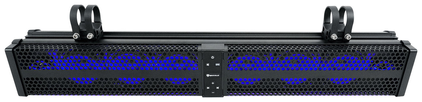 LED light bar with blue lights on a black background