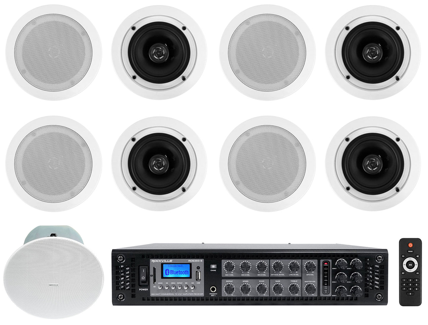 RCS350-6 6-Zone Amplifier + CC525T White 8-Pack + CC8-SUB Bundle