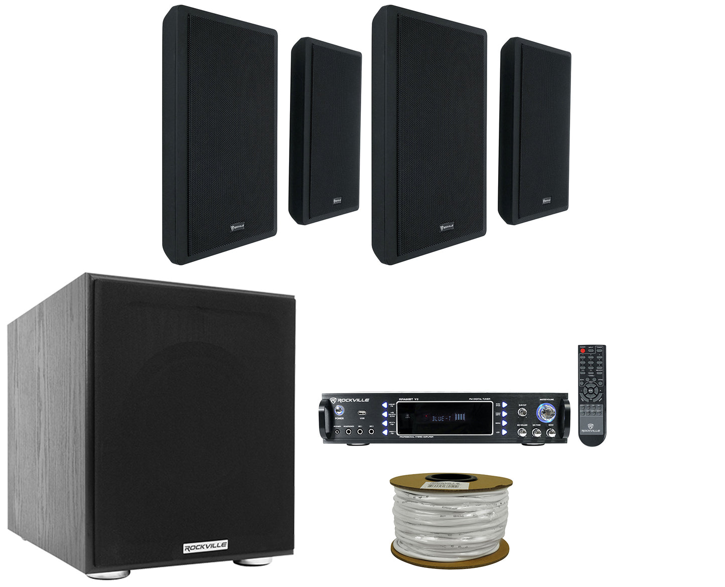 RockSlim 5.25" Speakers 4-Pack + RPA60BT Receiver + Rock Shaker 8 Bundle