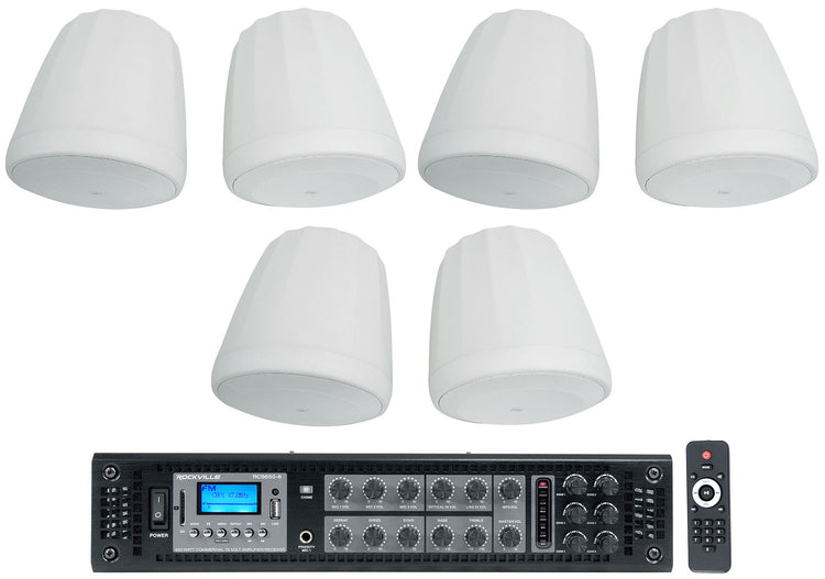(6) JBL CONTROL 68HP-WH 70v Commercial 8" Hanging White Pendant Speakers+Amp