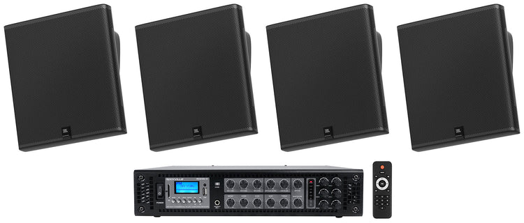 4) JBL SLP14/T-BK Sleek Low-Profile On Wall Mount 4" 70v Commercial Speakers+Amp