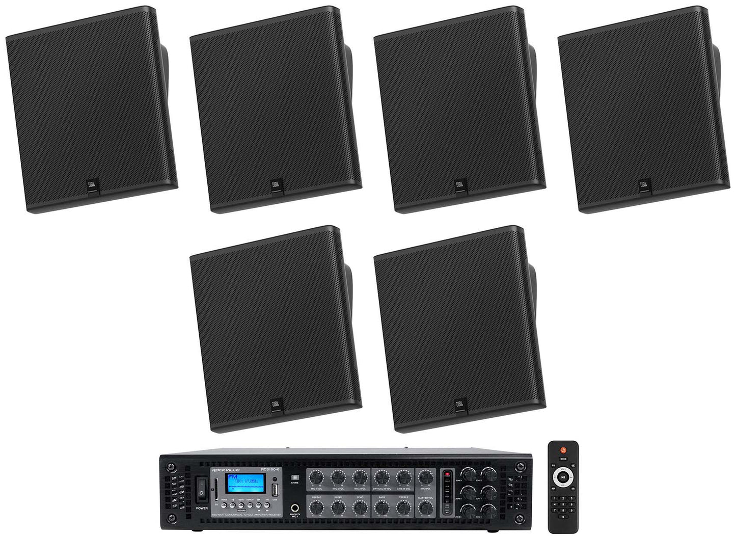 6) JBL SLP14/T-BK Sleek Low-Profile On Wall Mount 4" 70v Commercial Speakers+Amp