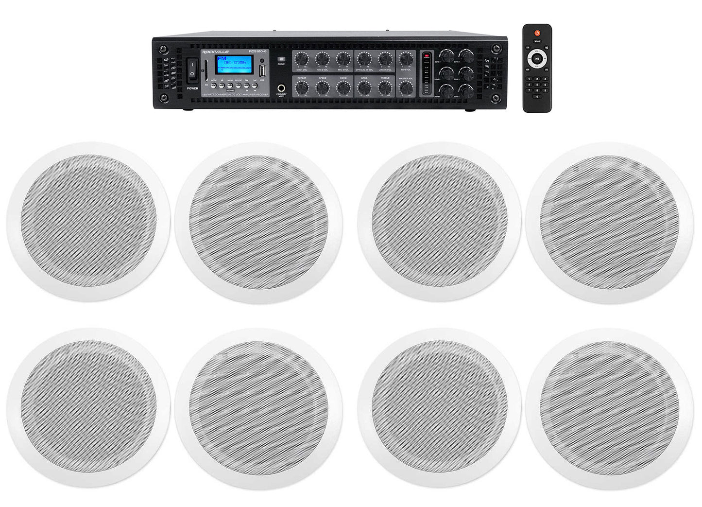 CC65T White 8-Pack + RCS180-6 6-Zone 180W Amp Bundle