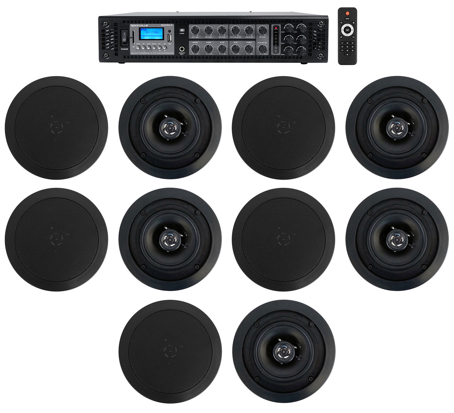 CC525T Black 10-Pack + RCS180-6 6-Zone 180W Amp Bundle
