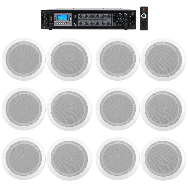 CC65T White Ceiling Speakers 12-Pack + RCS180-6 6-Zone Amplifier Bundle