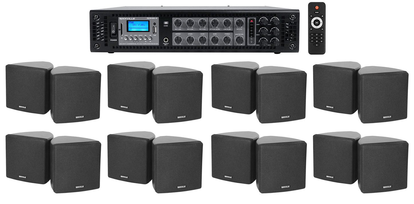 Cube 70V Black 16-Pack + RCS180-6 6-Zone 180W Amp Bundle