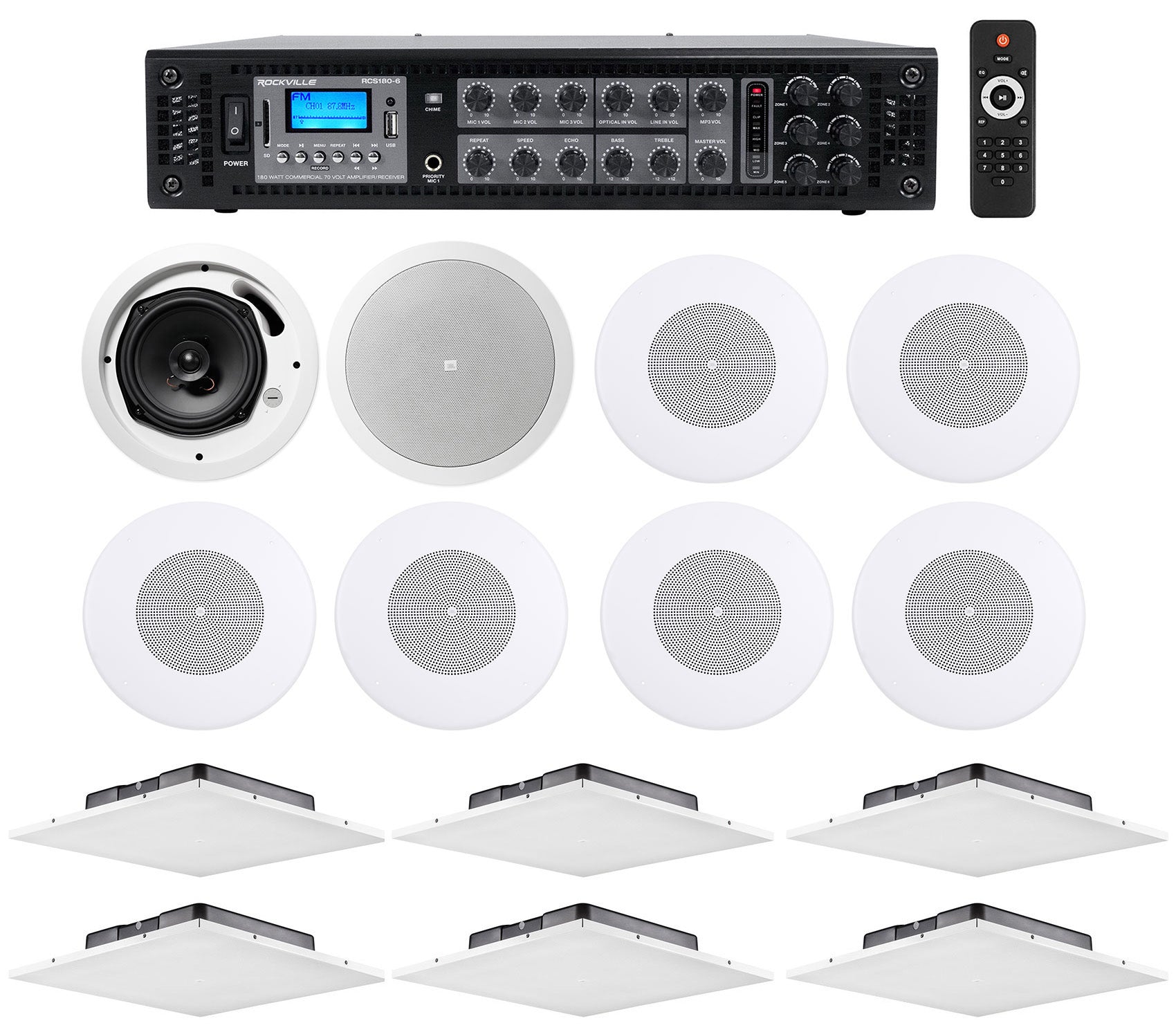 LCT 81C/T White 6-Pack + RCS180-6 6-Zone 180W Amp Bundle – Rockville