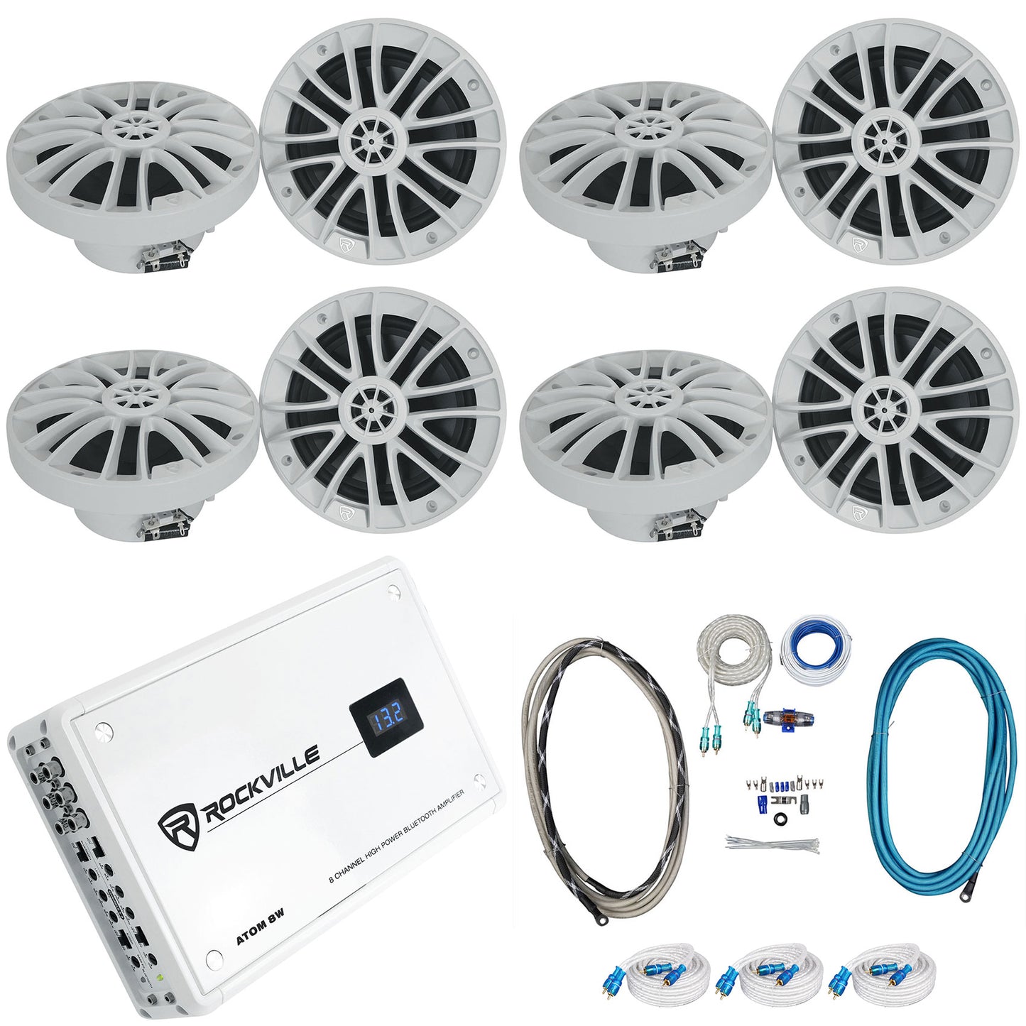 RM-PREMIUM-65 White 8-Pack + ATOM 8W Marine Amplifier Bundle