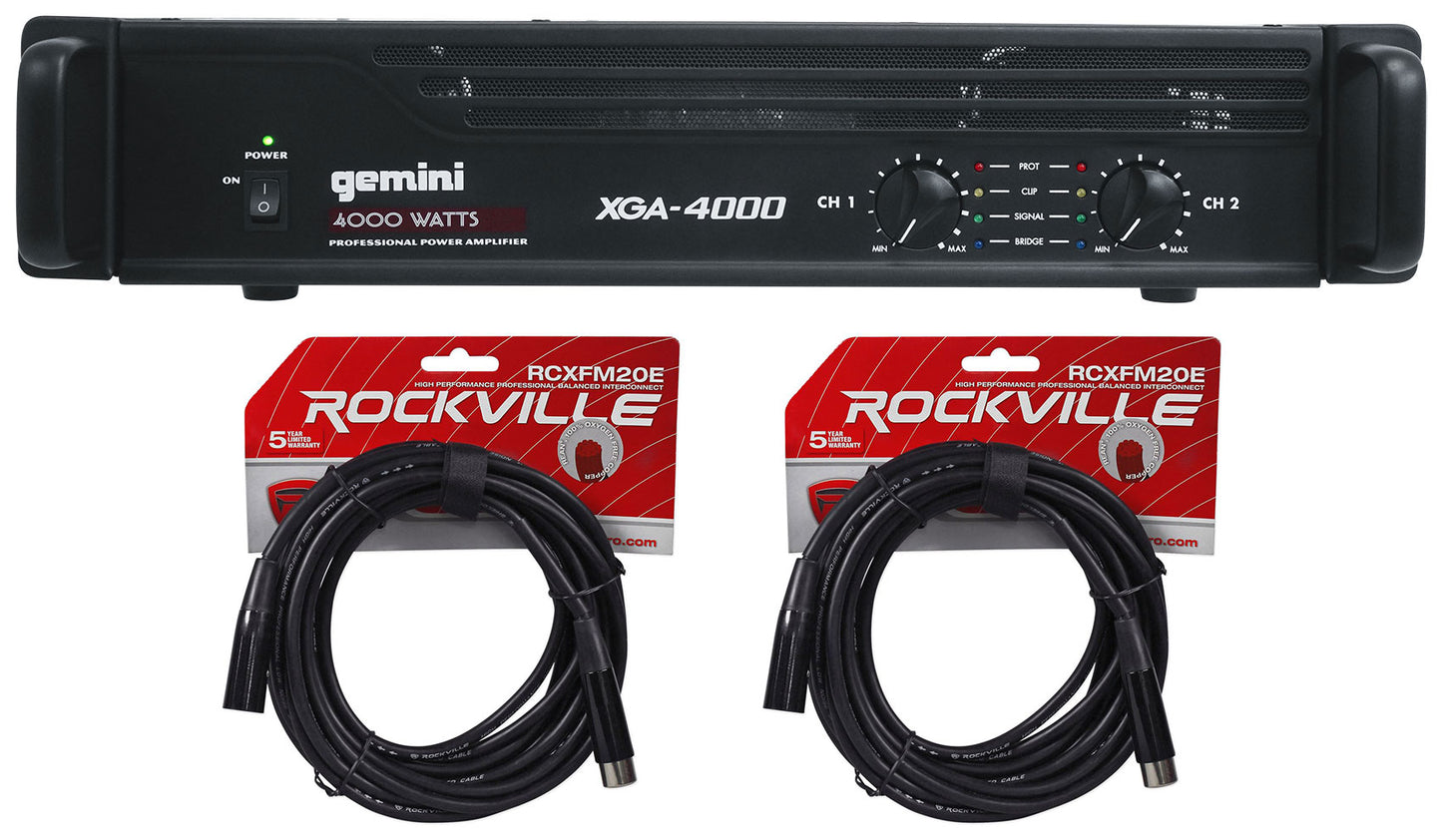 Gemini XGA-4000 4000w Pro DJ/PA Live Sound Power Amplifier+XLR Cables XGA4000