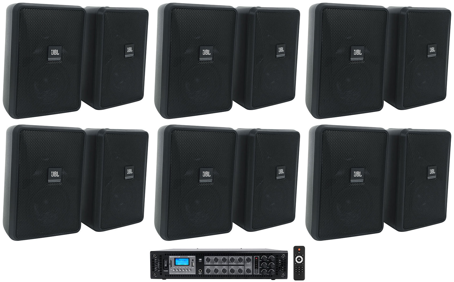 JBL Control 23-1 Black 12-Pack + RCS180-6 6-Zone Amplifier Bundle