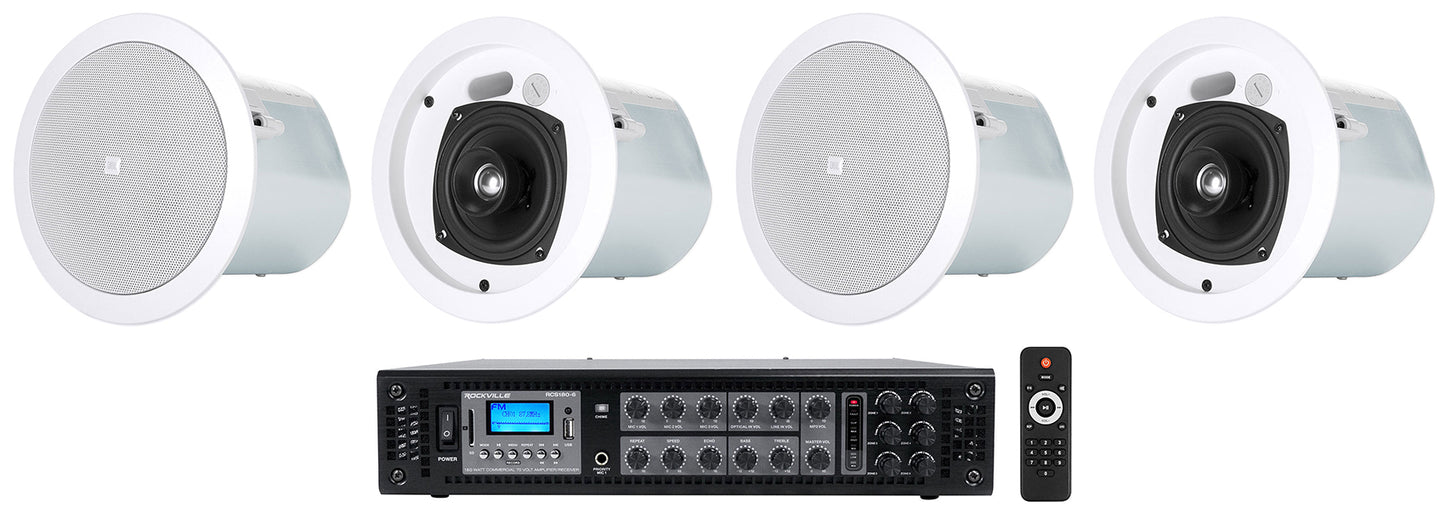 (4) JBL Control 24CT 4" 70v Commercial Restaurant/Bar White Ceiling Speakers+Amp