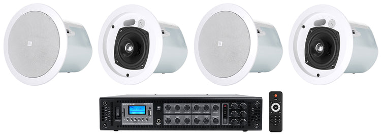 (4) JBL Control 24CT 4" 70v Commercial Restaurant/Bar White Ceiling Speakers+Amp