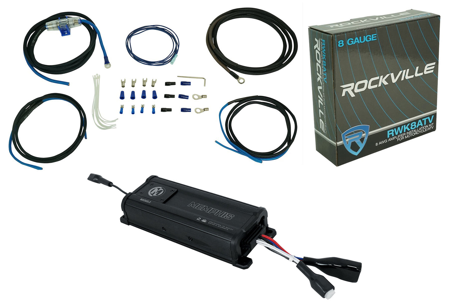 Memphis Audio MX300.2 300w RMS 2 Channel UTV ATV Amplifier+Amp Wire Kit