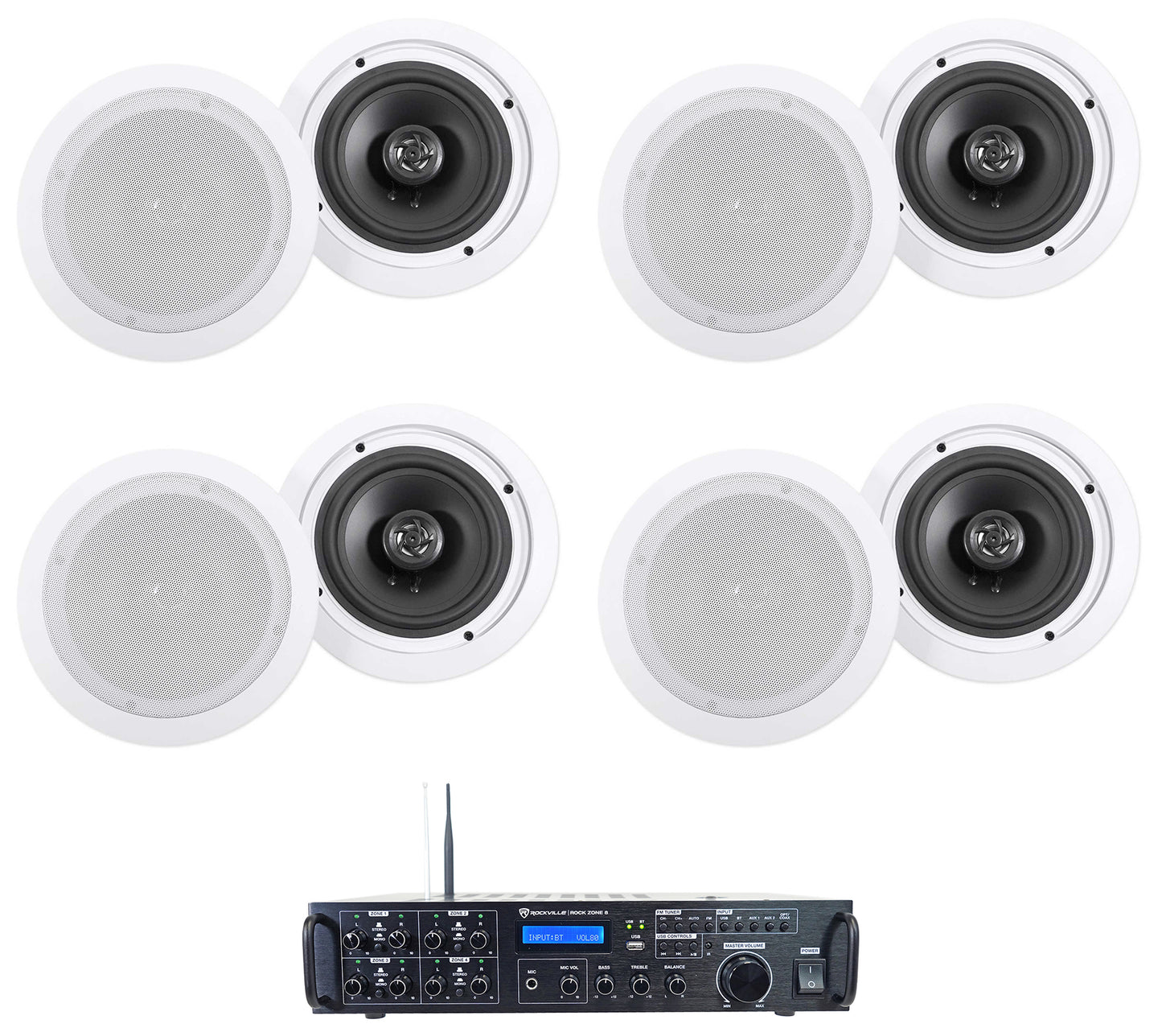 Rock Zone 8 8-Pack + HC655 White Ceiling Speakers Bundle
