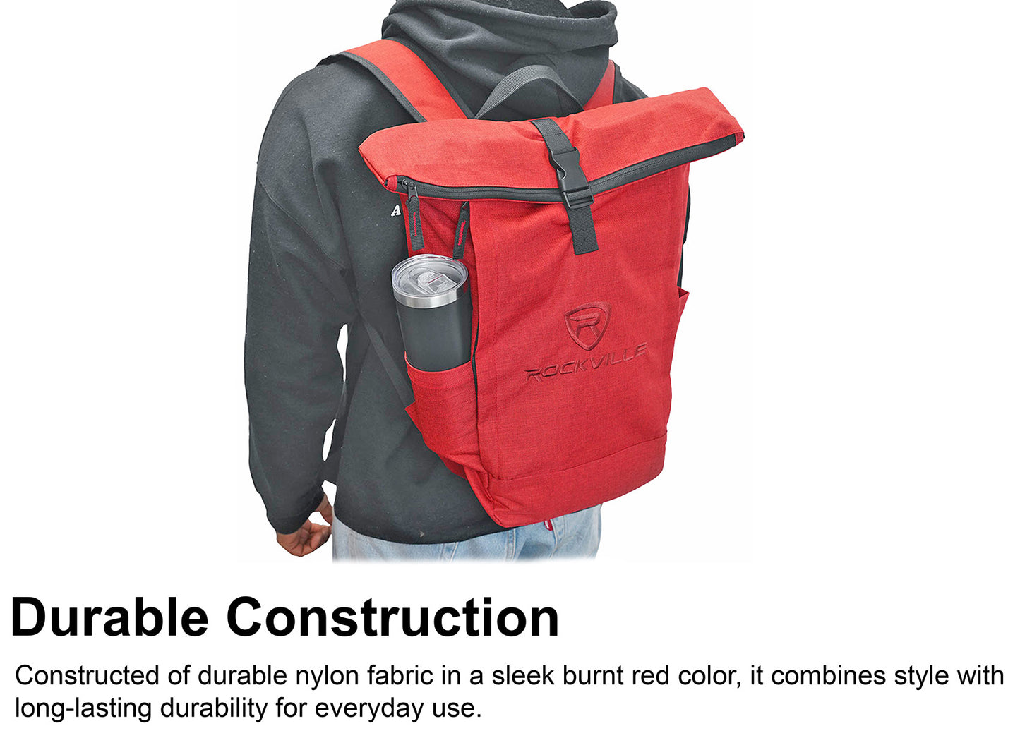Red backpack worn by a person on a white background with text about durability.