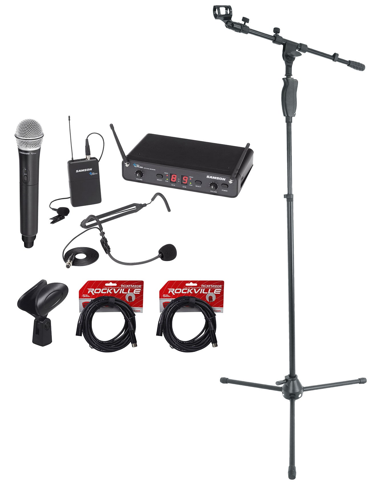 Samson Concert 288 UHF Beltpack Lavalier Headset Wireless Microphone+Mic Stand