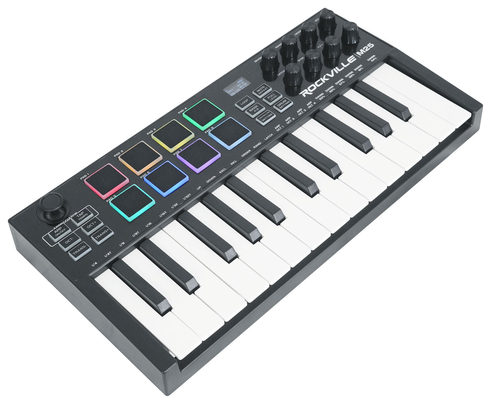 M25 Black 25-Key Wireless MIDI Controller, 8 RGB Pads, Built-in