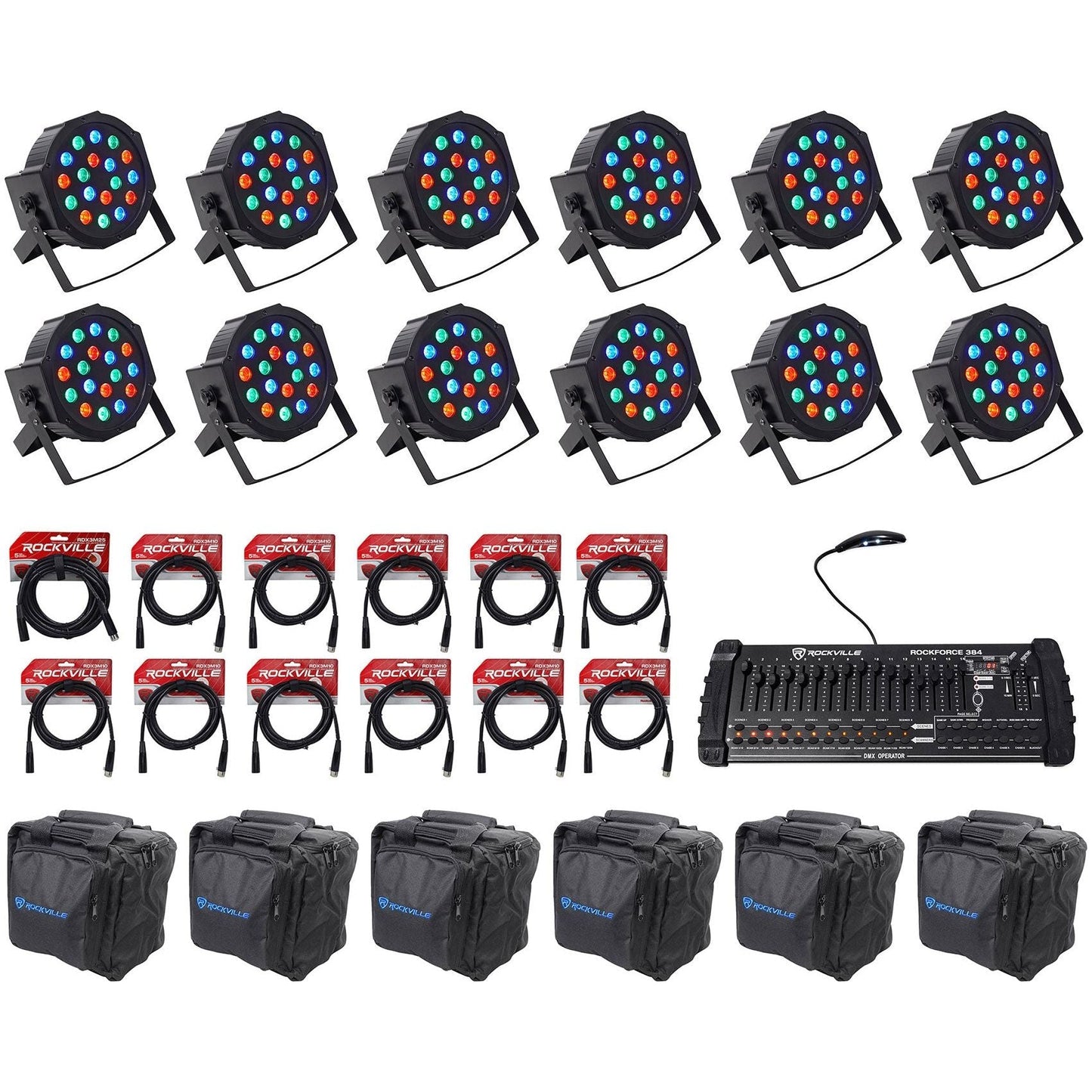 RockPAR50 Black 12-Pack + ROCKFORCE 384 DMX Controller Bundle