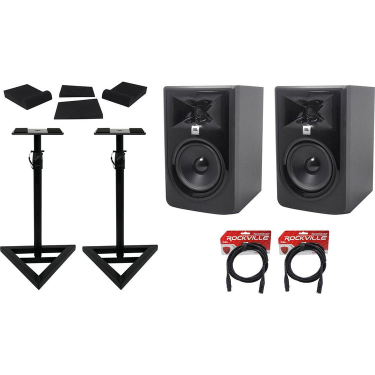 (2) JBL 305P MkII 5" Powered Studio Reference Monitors+Stands+Pads+XLR Cables