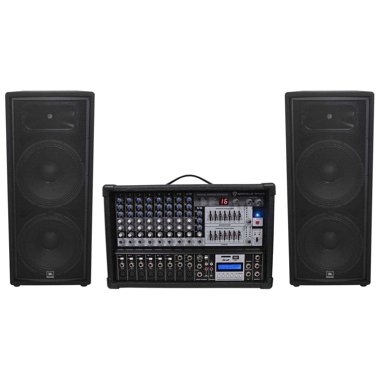 (2) JBL JRX225 Dual 15" 4000w DJ/PA Speakers+Powered 12-Ch. Mixer w/ 7 Band EQ