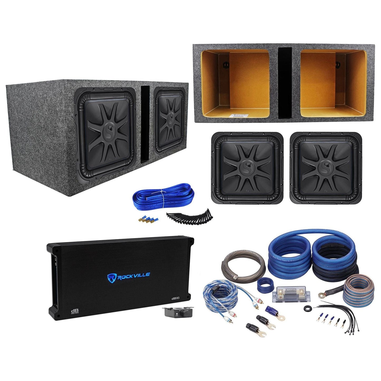 (2) Kicker 44L7S152 15" 4000 Watt Solobaric L7S Subwoofers+Amp+Sub Box+Wire Kit
