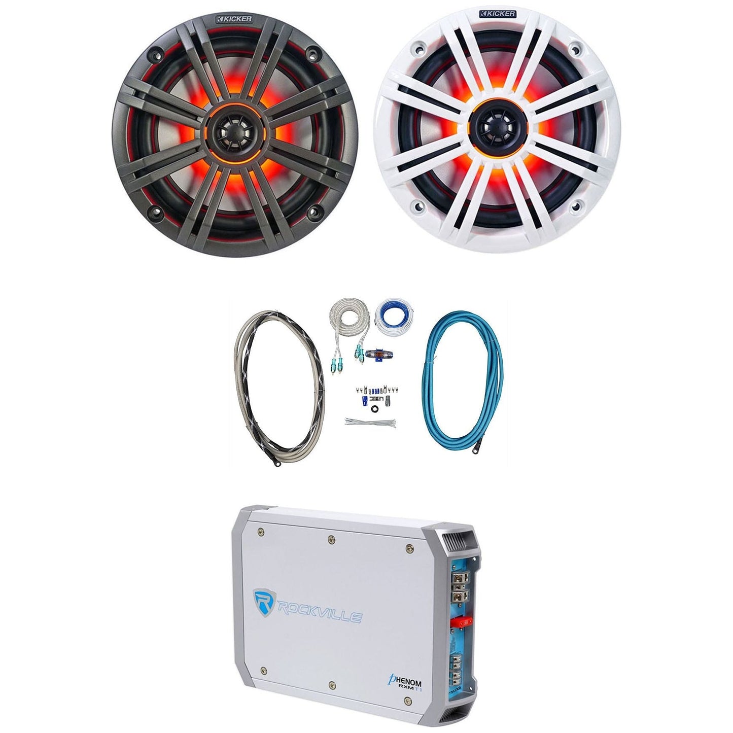 (2) KICKER 45KM654L 6.5" 390w Marine LED Speakers+2-Channel Amplifier+Amp Kit