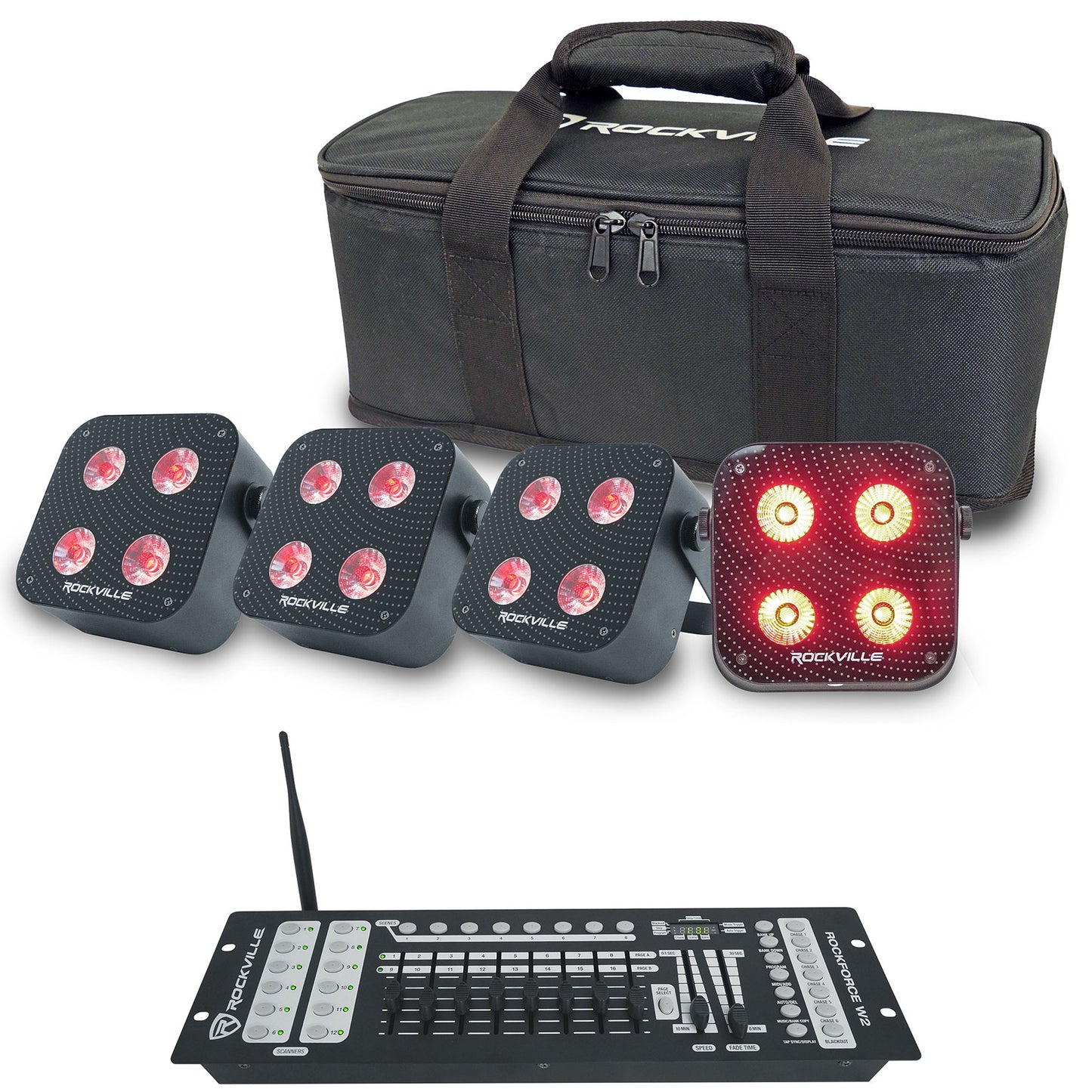 MINI RF4 V2 Black 4-Pack + ROCKFORCE W2 DMX Controller Bundle