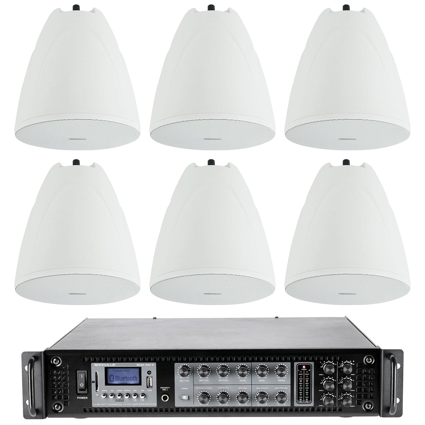PEN-65T White 6.5" Pendant Speakers 6-Pack + RCS2-320-6 Amplifier Bundle