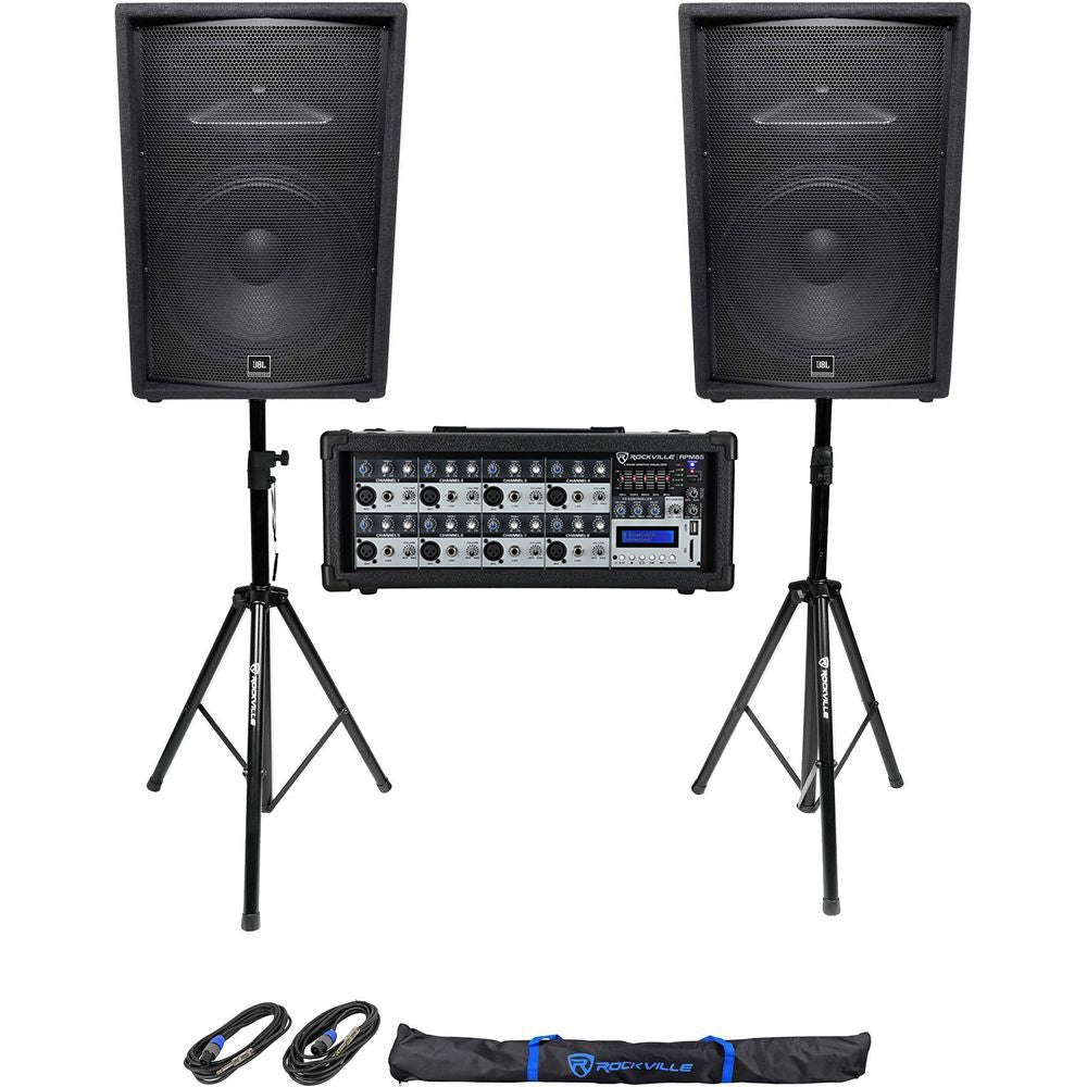 (2) JBL Pro JRX215 15" 2000w PA/DJ Speakers+Powered Mixer w/Bluetooth+Stands