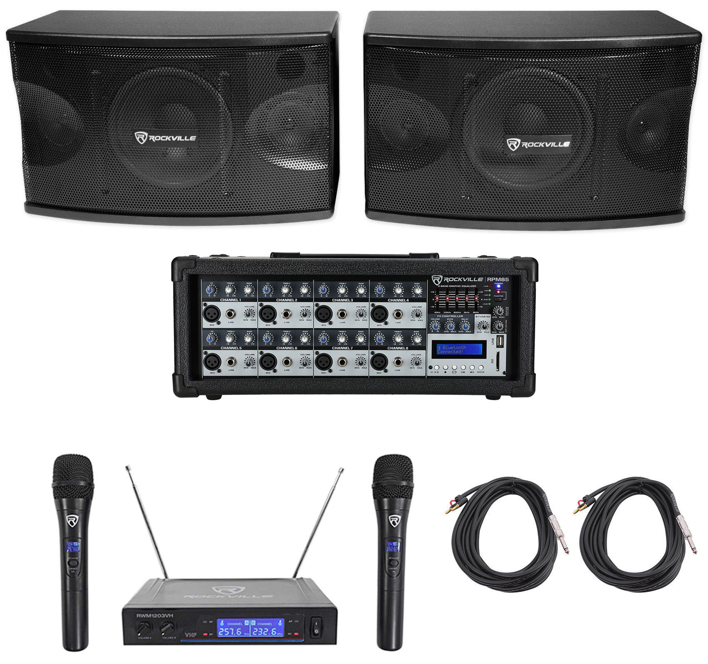 KPS80 8" Karaoke Speakers 2-Pack + Powered Mixer + Wireless Mic System Bundle