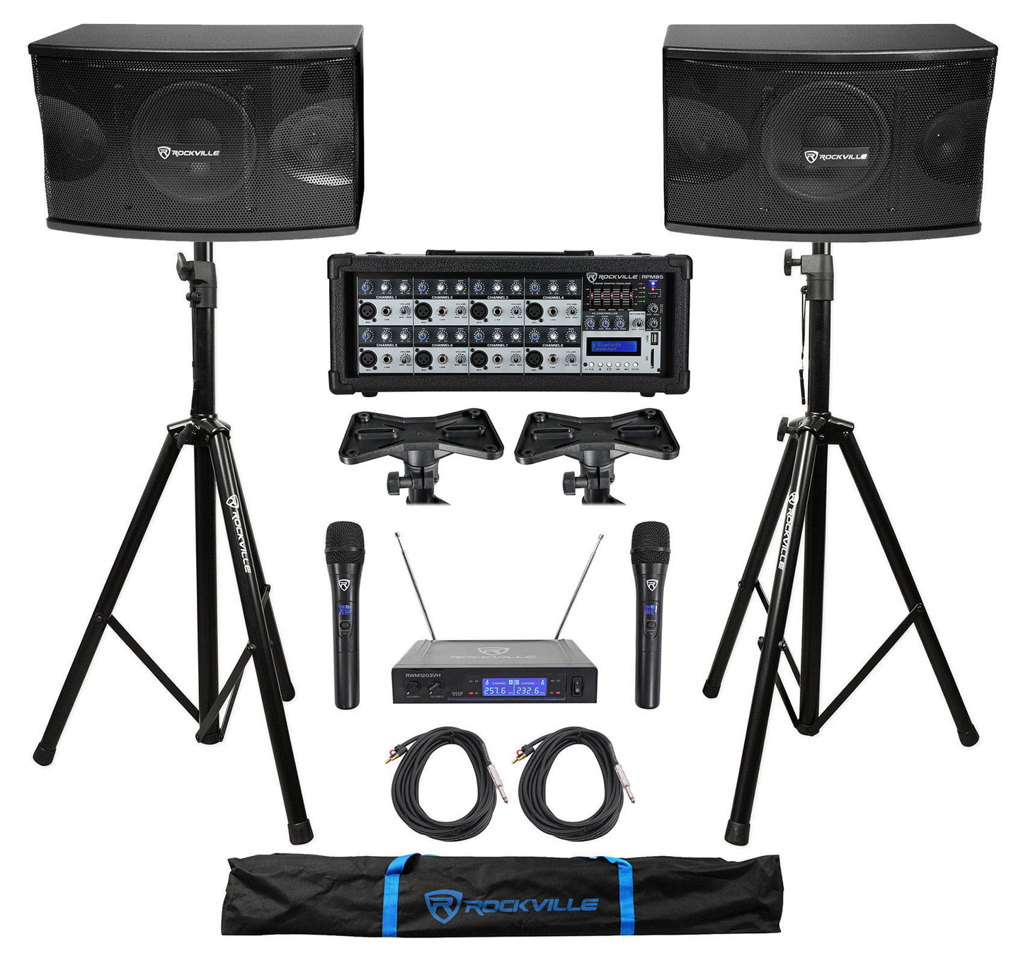 KPS80 8" Karaoke Speakers 2-Pack + Powered Mixer + Tripod Stands Bundle