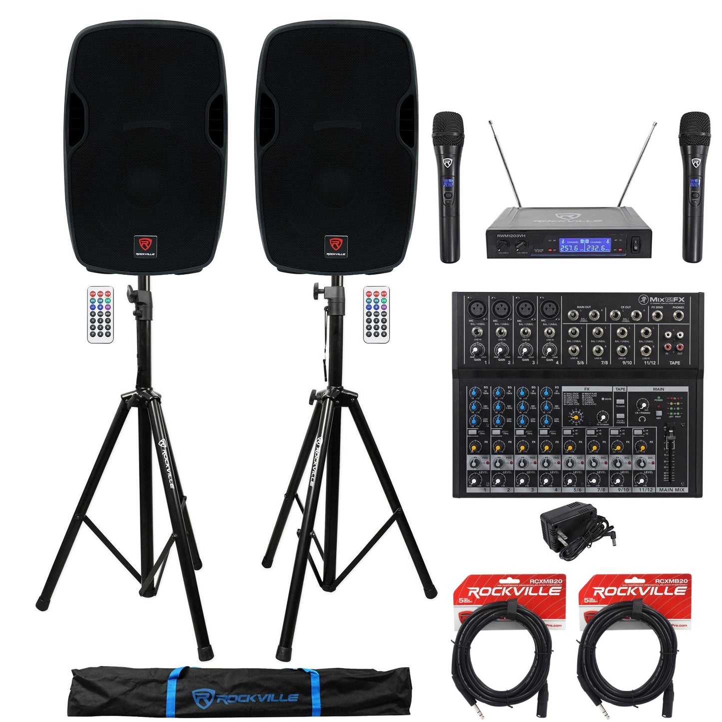 BPA15 15" Speakers 2-Pack + Mixer, Dual Mics, Stands Bundle