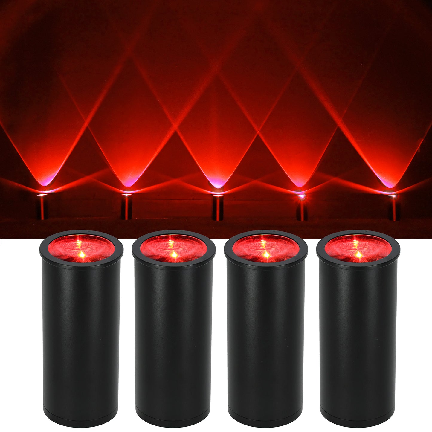 Four cylindrical black lights with red interior glow on a white background.