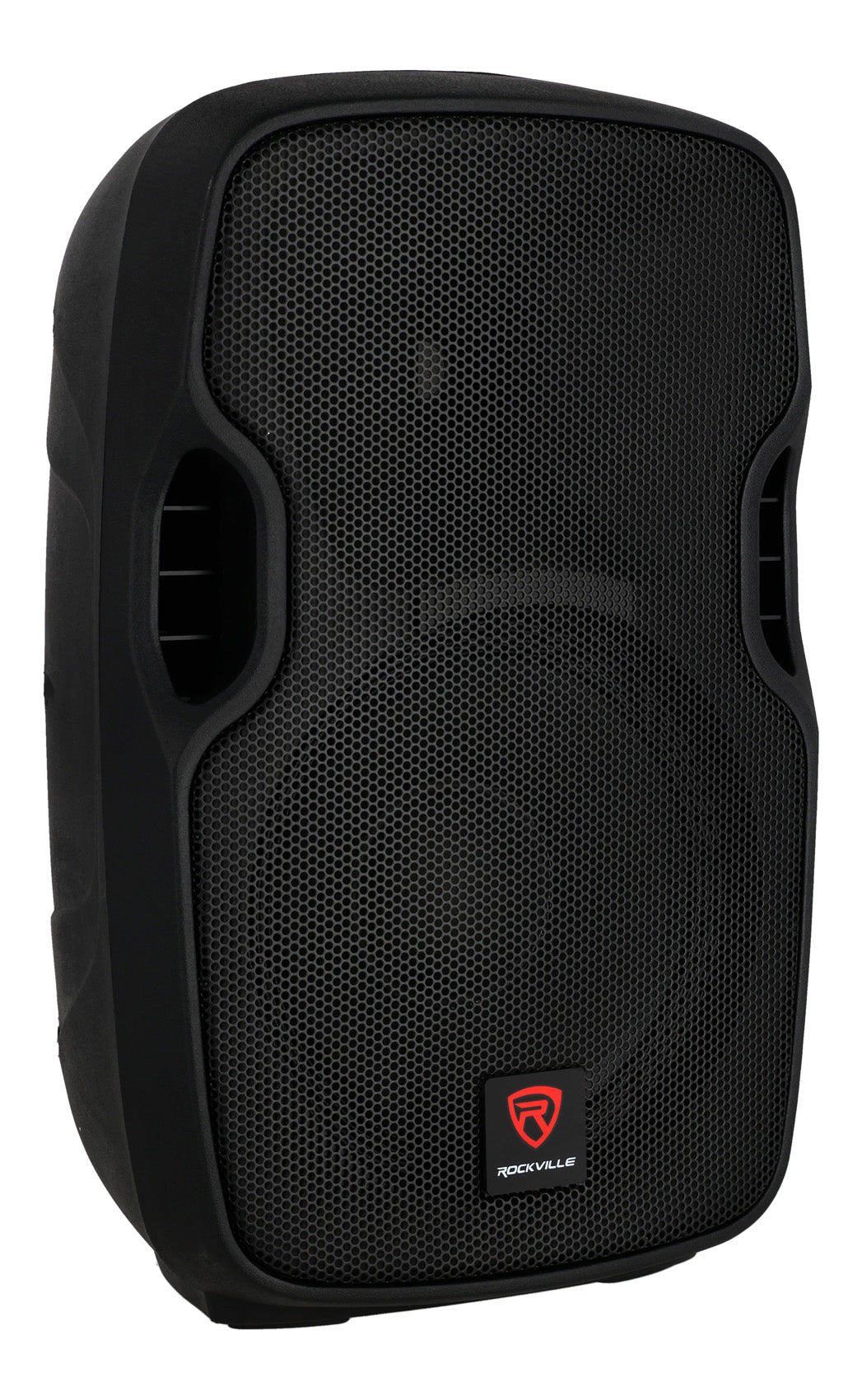Black speaker with a visible brand logo on a white background