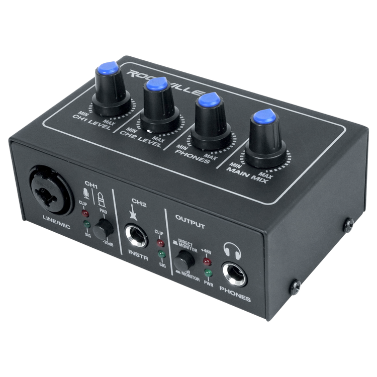 Audio mixer with knobs and connectors on a white background