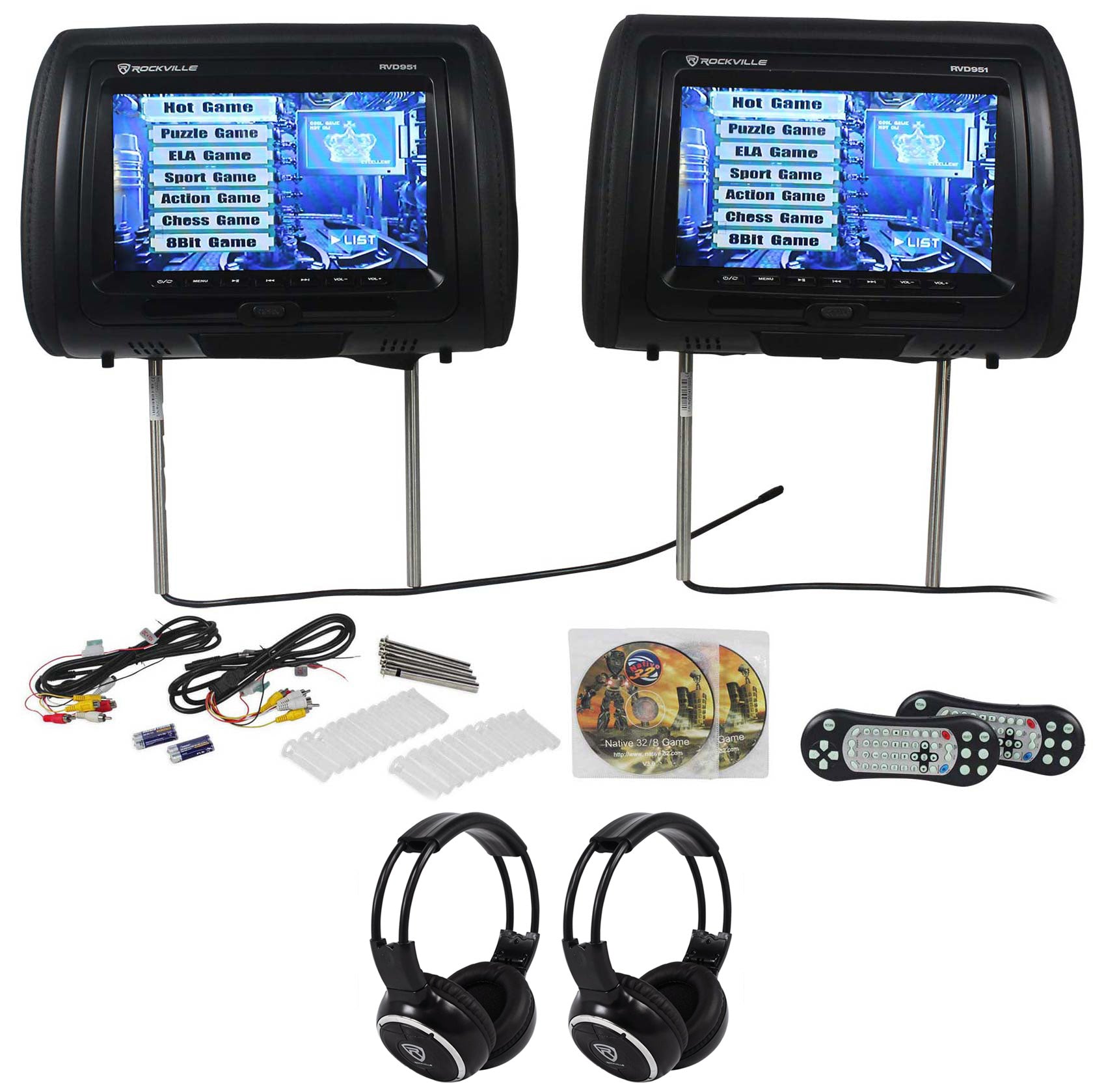 9" Headrest Monitors Black + Dual IR Headphones Bundle
