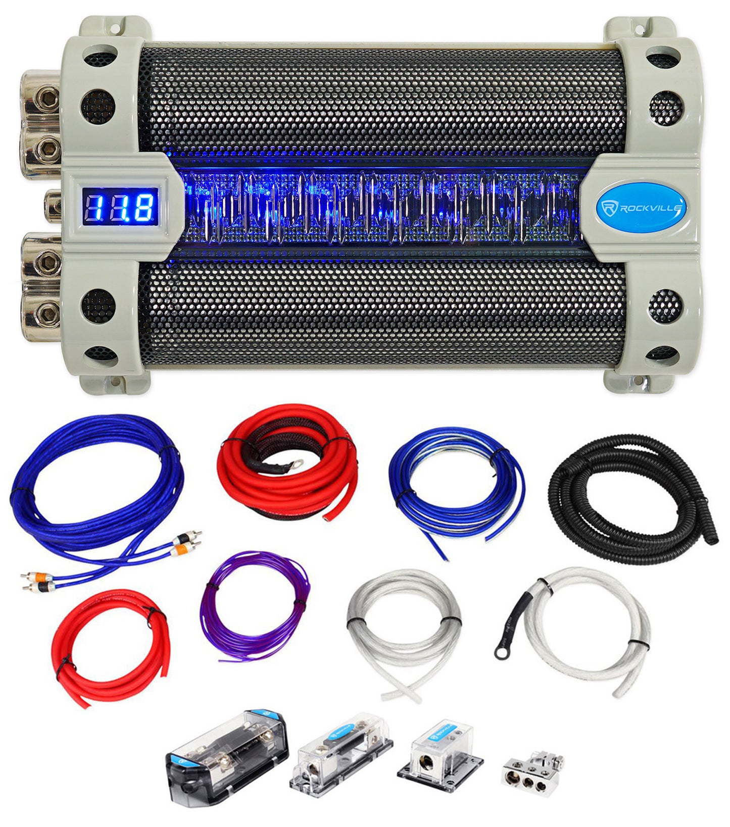 50 Farad Capacitor + Dual Amp Wiring Kit Bundle