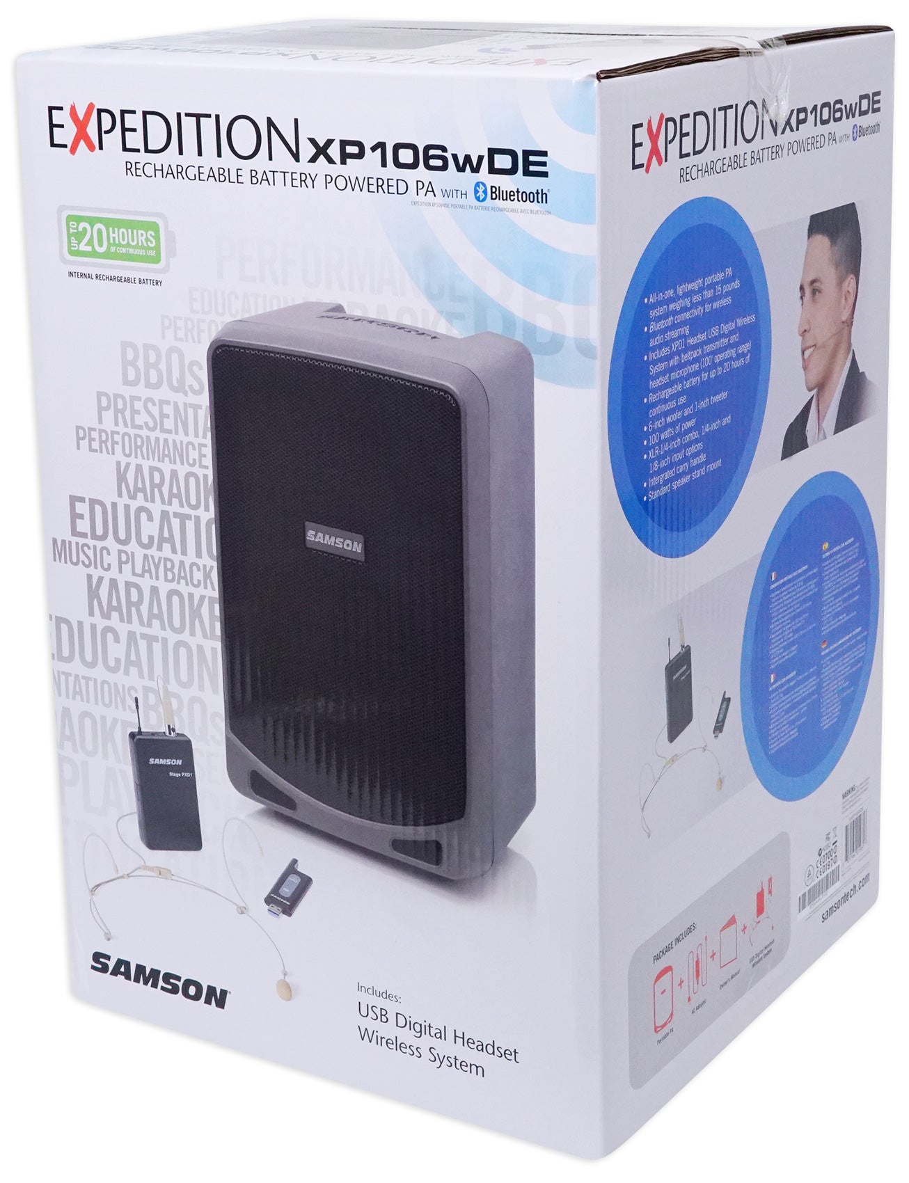 SAMSON XP106WDE 6" Rechargeable Bluetooth PA DJ Speaker+Stands+Headset+Mic+Case
