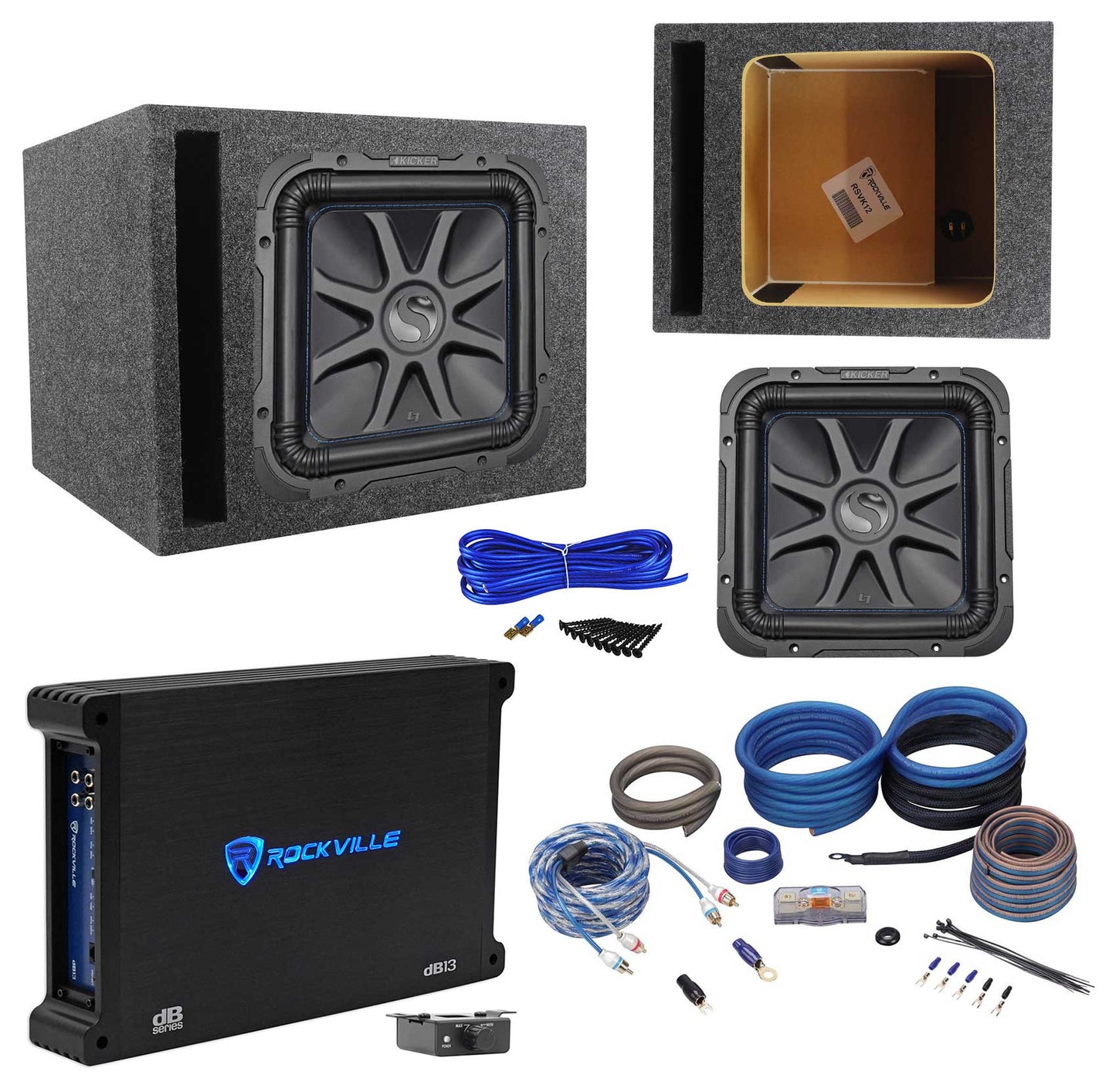 Kicker L7S124 12" Solobaric L7S Car Sub+Vented Enclosure+750W Amplifier+Amp Kit