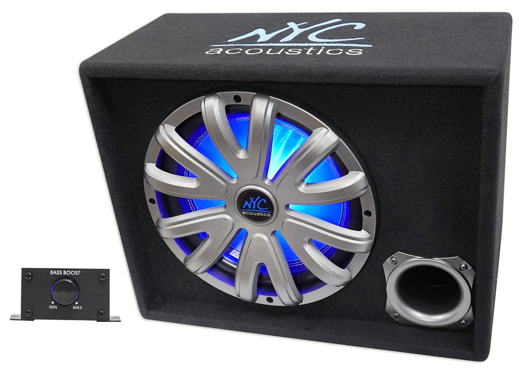 NYC Acoustics NSE12L 12" 1200w Powered Car Subwoofer/Sub Enclosure+LED+Amp Kit