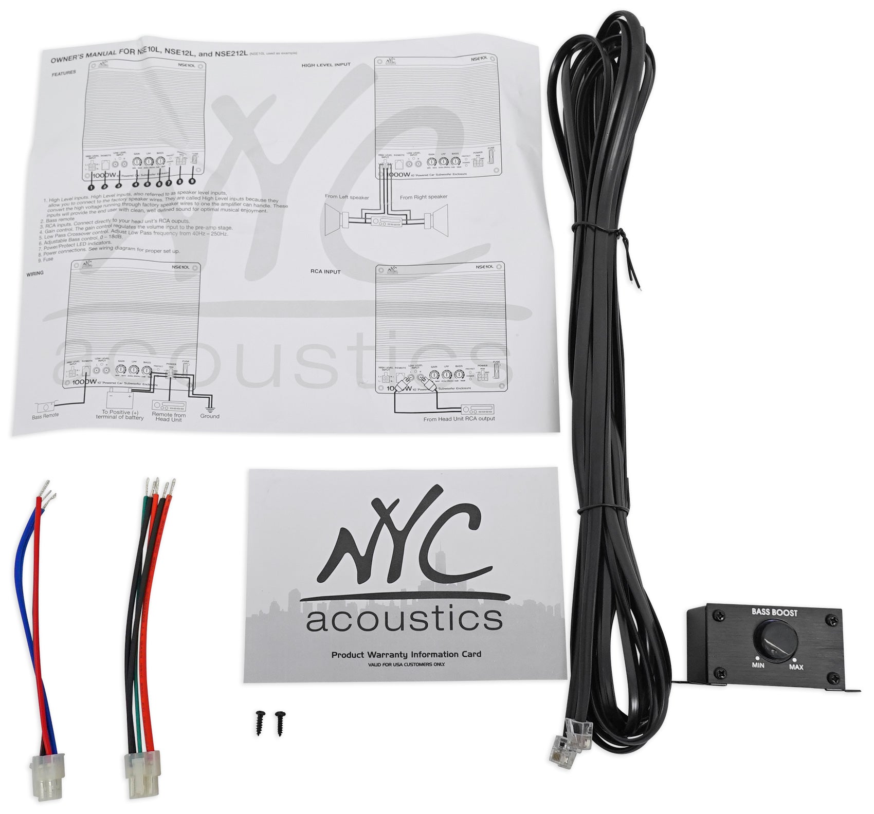 NYC Acoustics NSE12L 12" 1200w Powered Car Subwoofer/Sub Enclosure+LED+Amp Kit