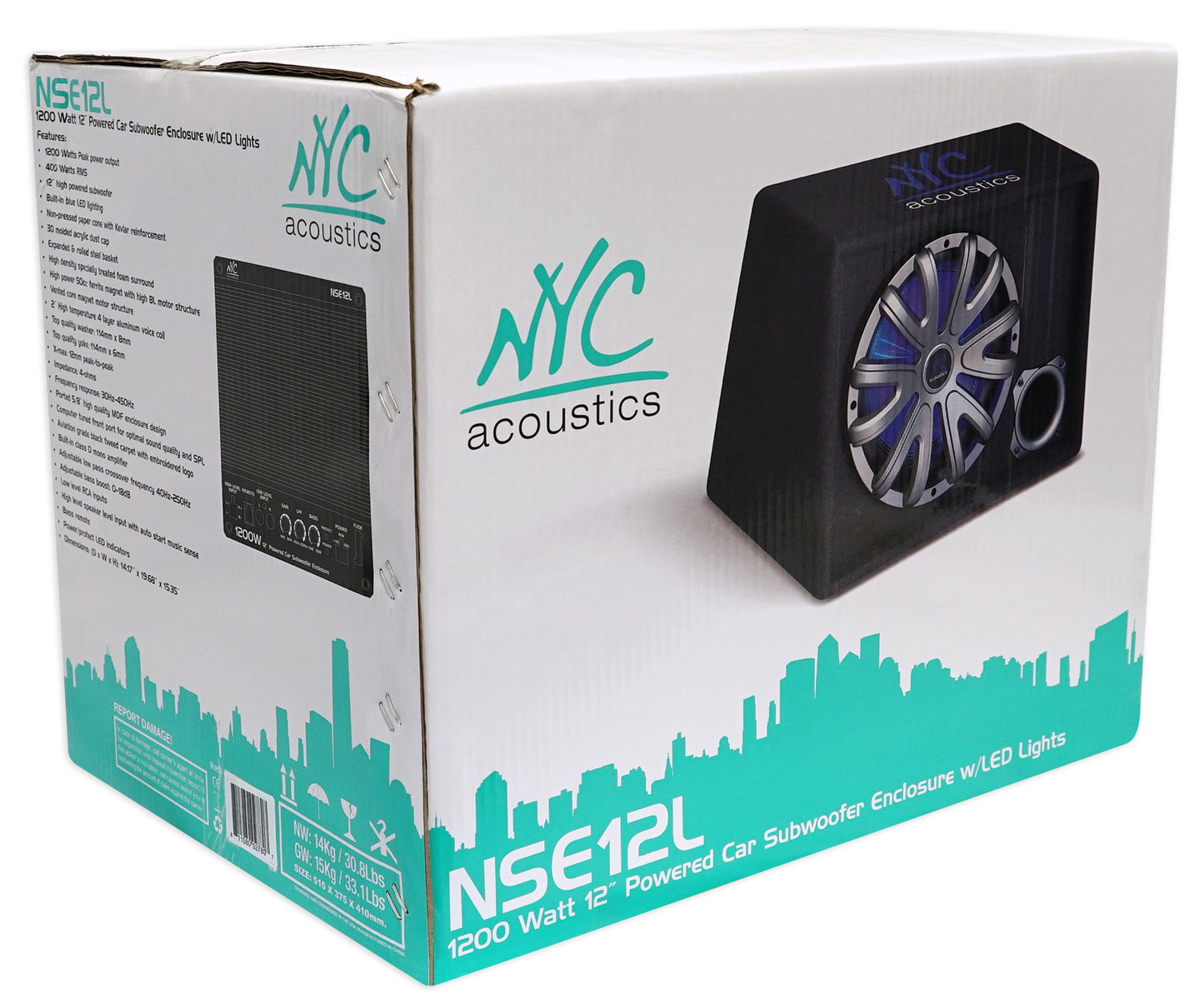 NYC Acoustics NSE12L 12" 1200w Powered Car Subwoofer/Sub Enclosure+LED+Amp Kit