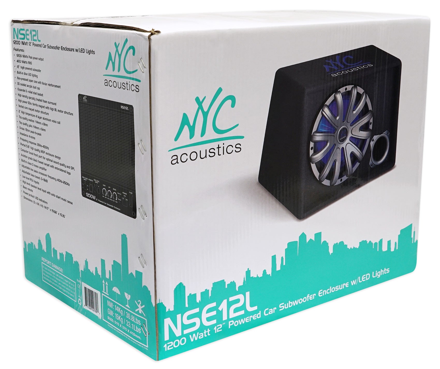 NYC Acoustics NSE12L 12" 1200w Powered Car Subwoofer/Sub Enclosure+LED+Amp Kit