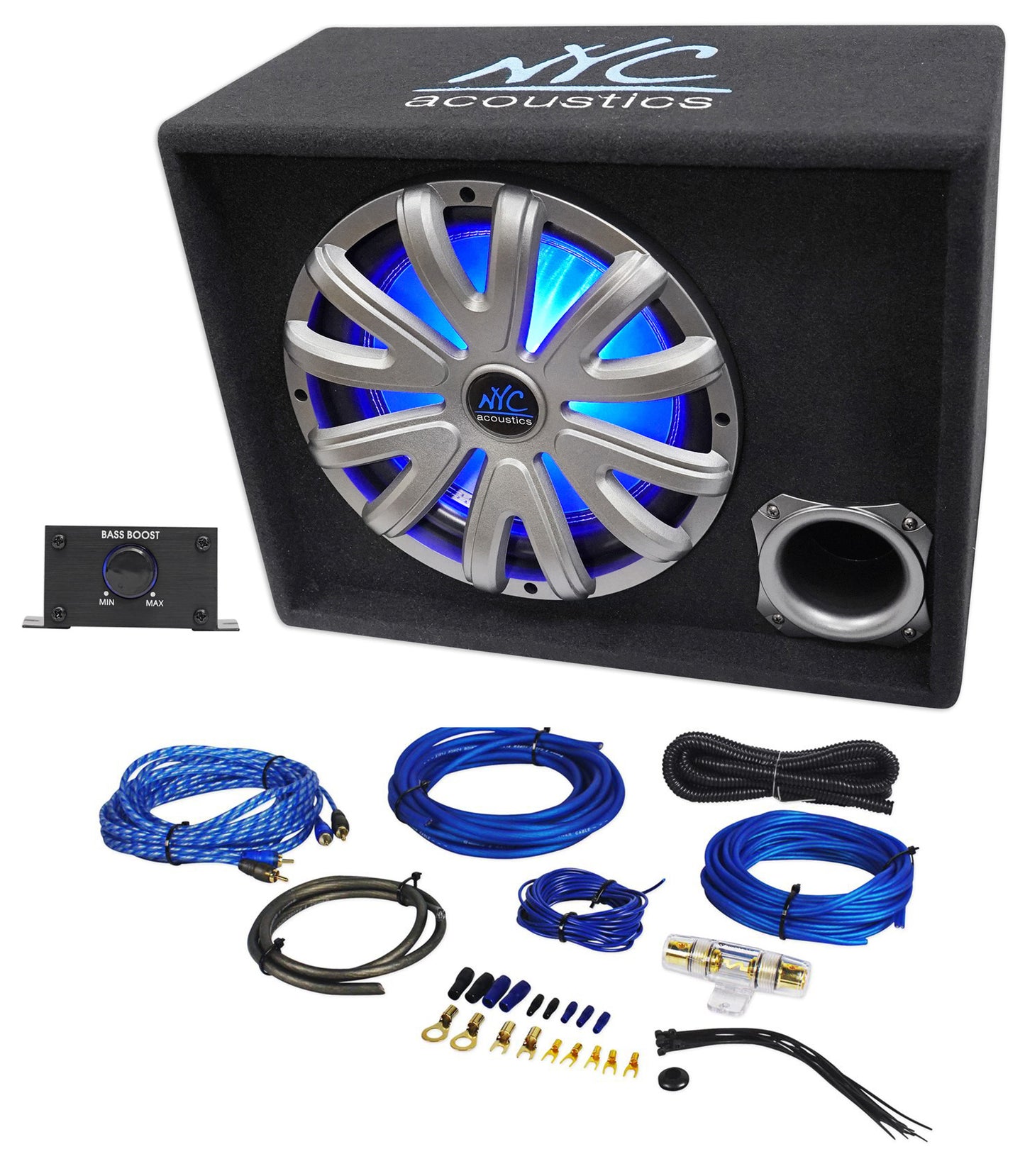 NYC Acoustics NSE12L 12" 1200w Powered Car Subwoofer/Sub Enclosure+LED+Amp Kit