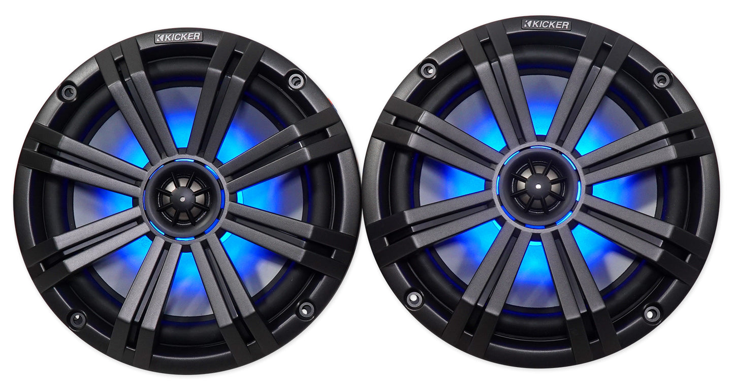 (2) KICKER 45KM84L 8" 600 Watt Marine LED Wakeboard Speakers+Amplifier+Amp Kit