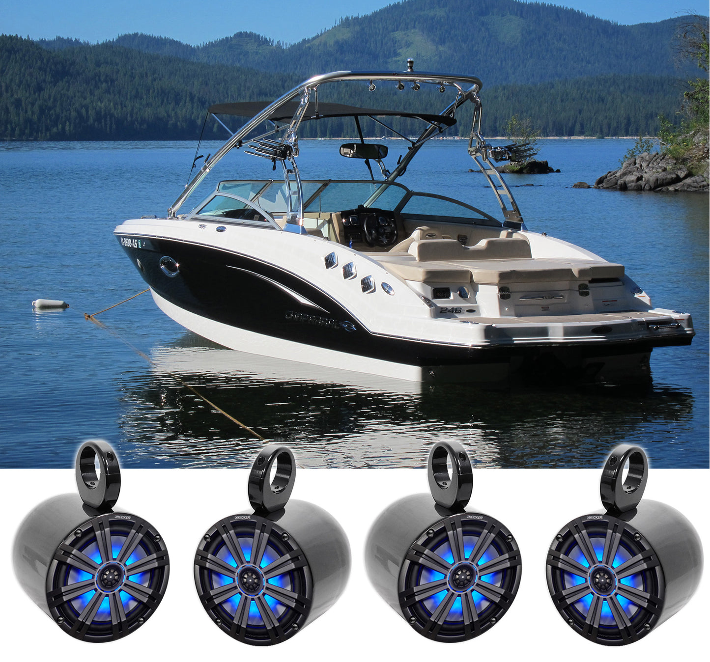 (4) KICKER 45KM84L 8" 1200 Watt Marine Boat Wakeboard Tower Speakers w/LED's KM8