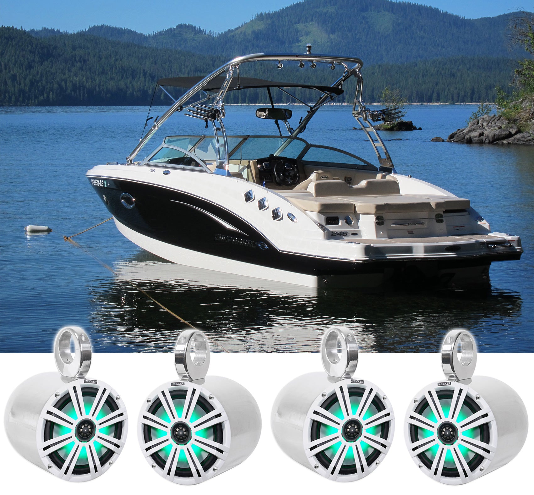 4) KICKER 45KM84L 8" 1200 Watt Marine Boat Wakeboard Tower Speakers w/LED's KM8