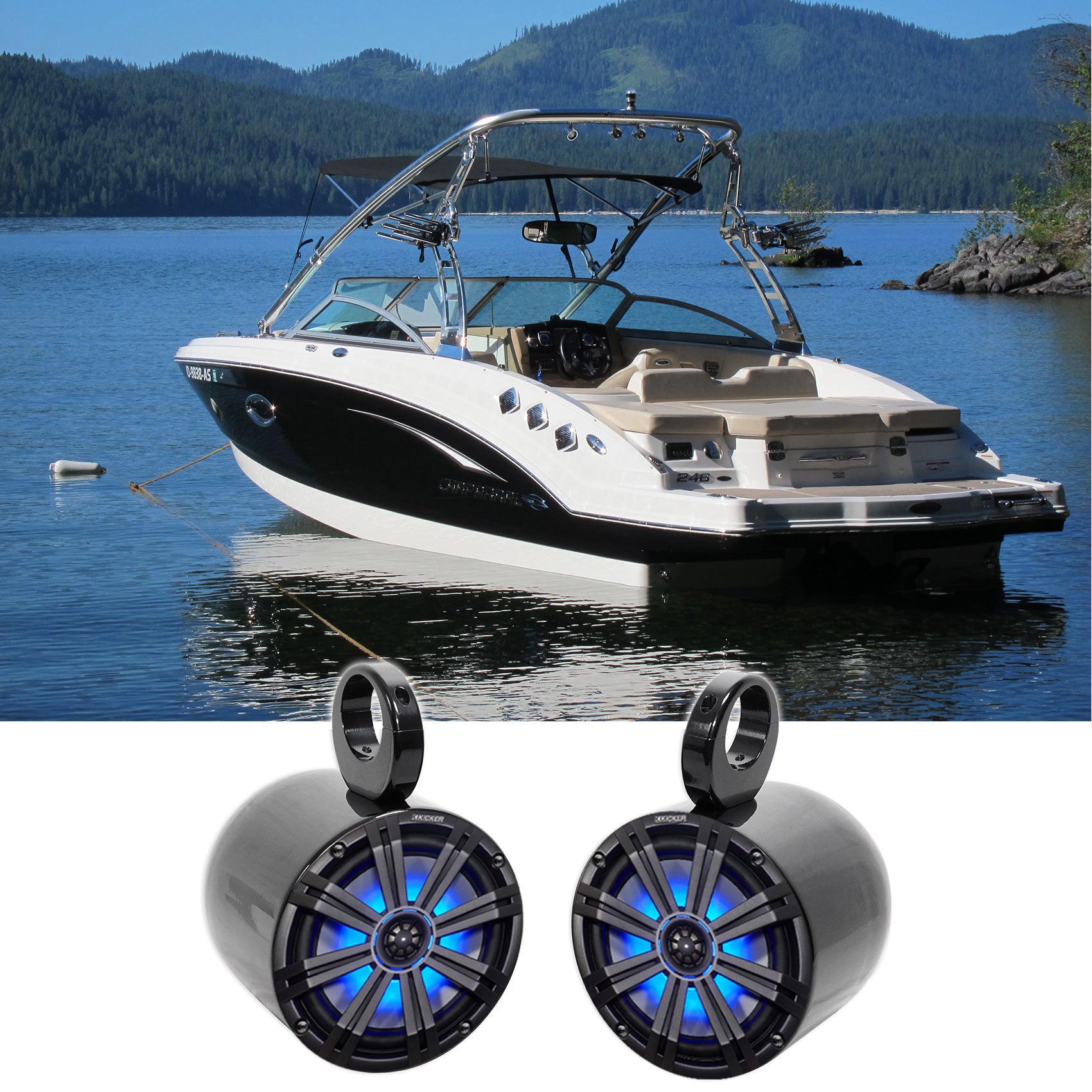Pair KICKER 45KM84L 8" 600 Watt Marine Boat Wakeboard Tower Speakers w/LED's KM8